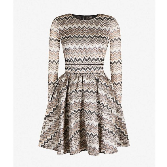 Maje Royaume Fit and Flare Dress / 2 Medium / Ecru Zigzag Pattern Mini - Picture 4 of 13